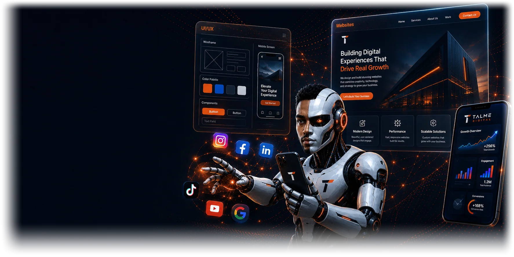 AI robot presenting Talme Digital work: a UI/UX wireframe and colour palette, a website design, social platforms and a growth dashboard