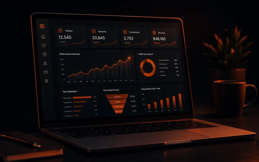 A marketing analytics dashboard showing traffic and conversion charts
