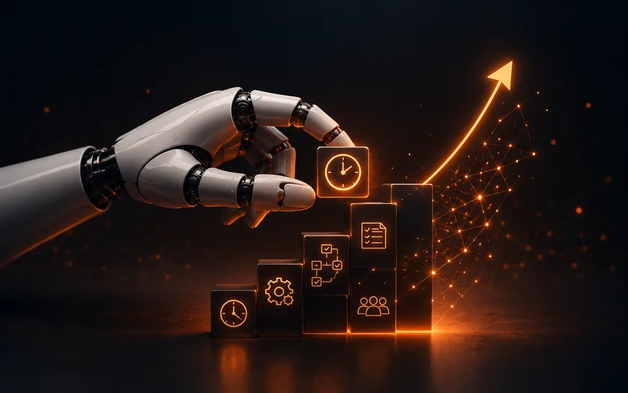 A robotic hand assembling a rising sequence of automated workflow blocks